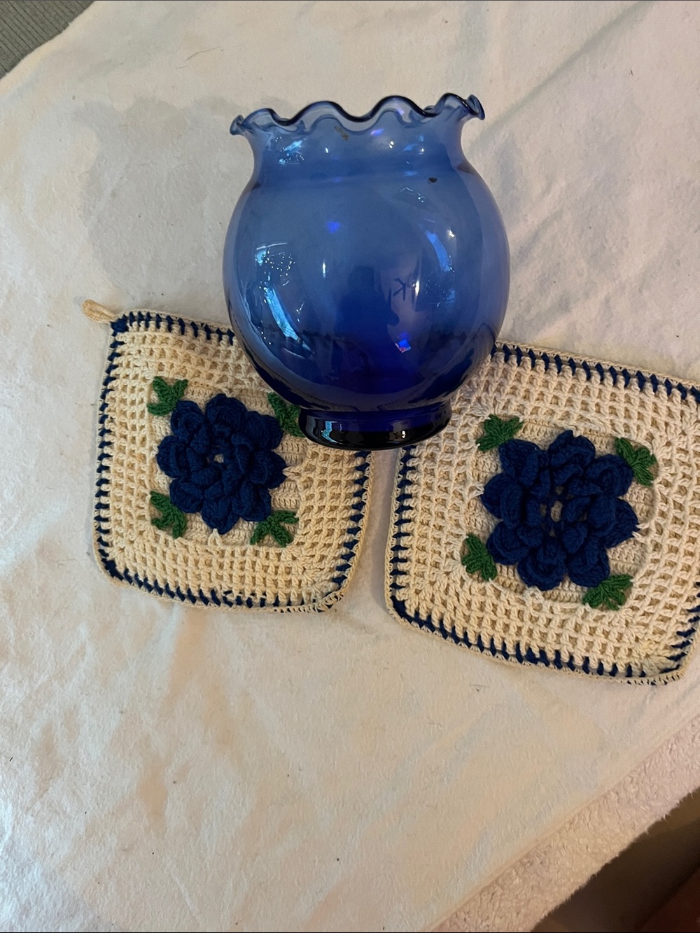 Blue Glass Hurricane  vase with scalloped edges Deep Cobalt Home with potholders
